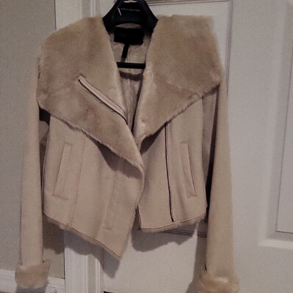 BCBGMaxAzria Cream Teddy Jacket with Faux Fur Collar